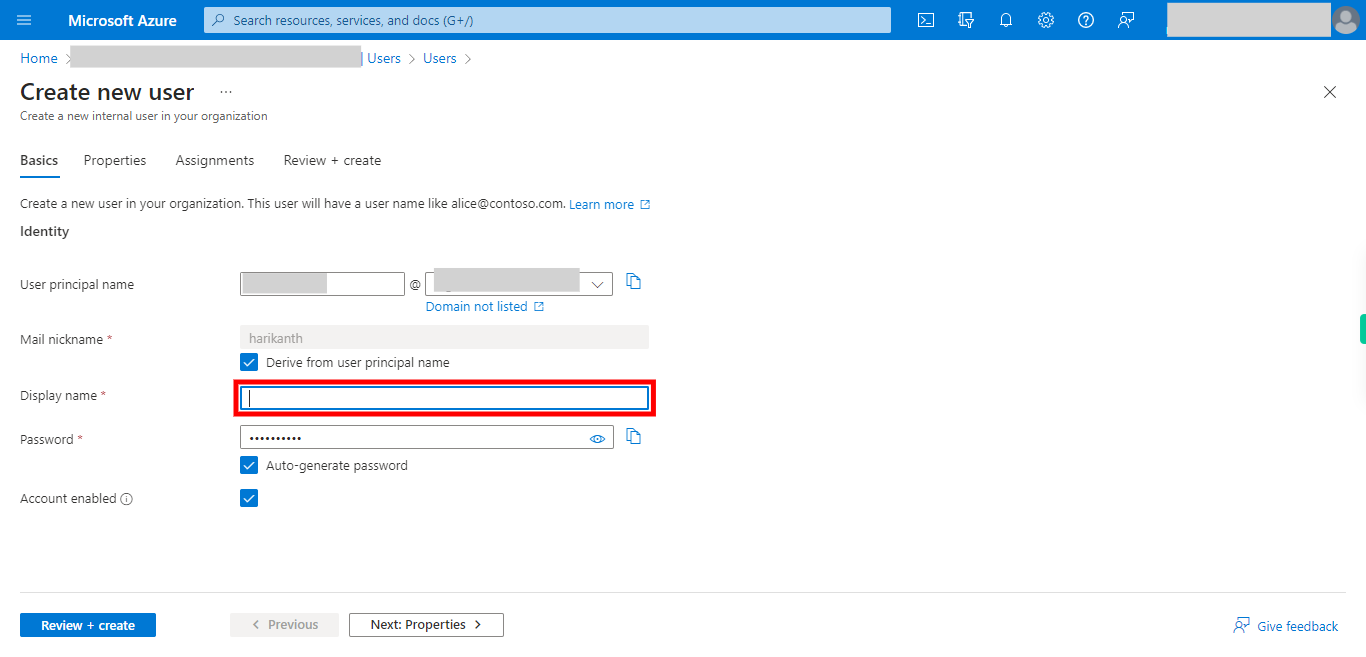 Create new user - Microsoft Azure