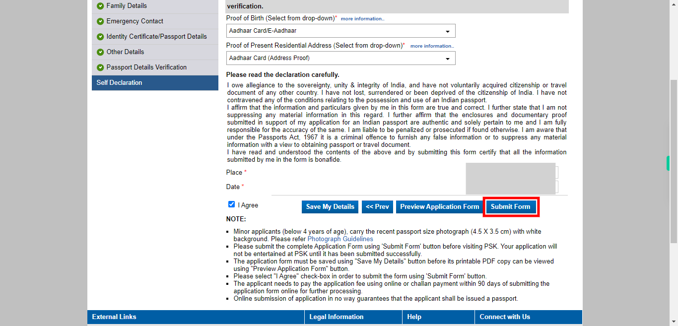 Self Declaration : Apply for Fresh Passport / Reissue of Passport | Passport Seva