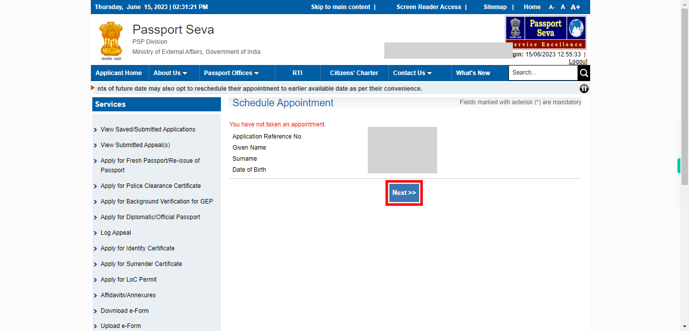 Manage Appointment | Passport Seva