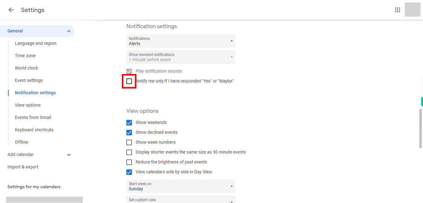 Google Calendar - General settings