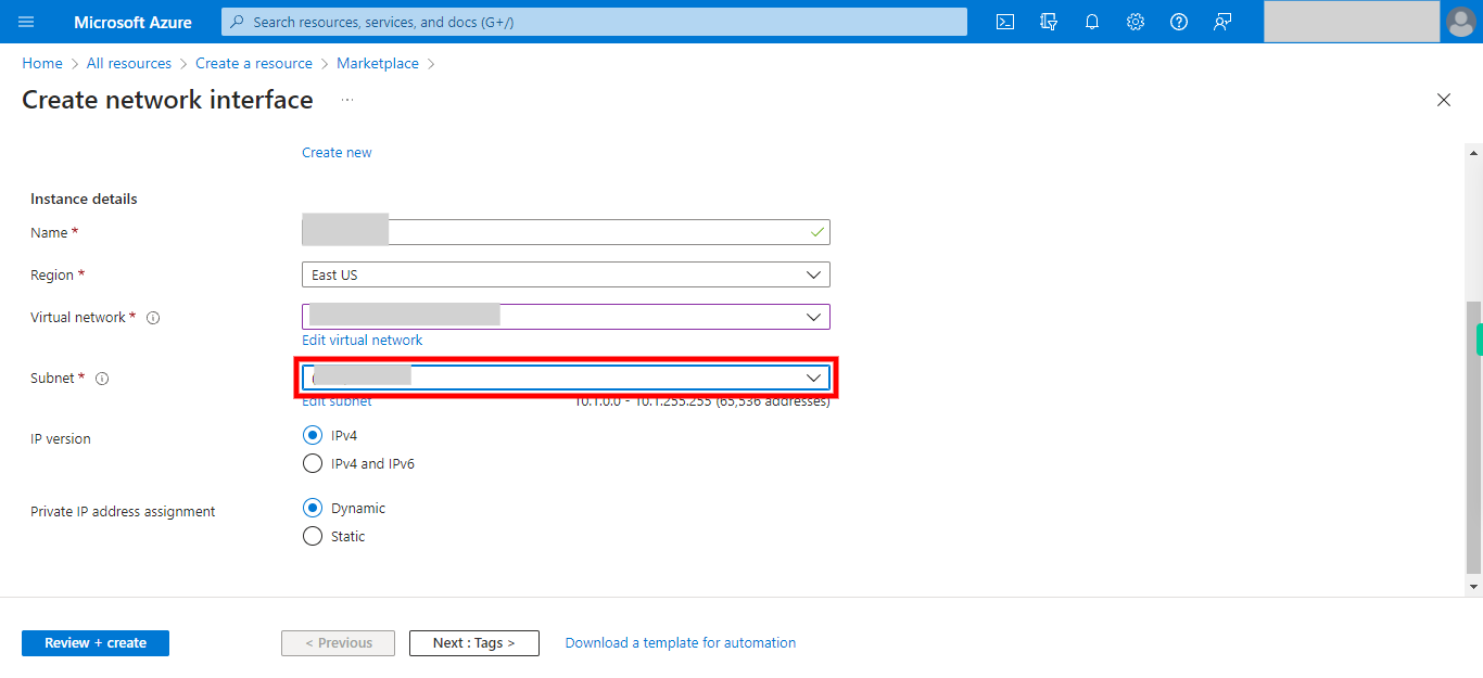 Create network interface - Microsoft Azure