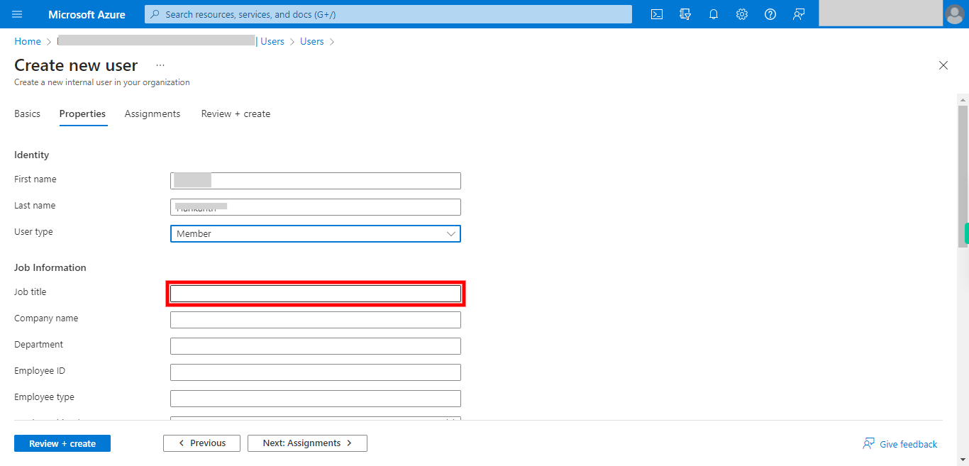 Create new user - Microsoft Azure