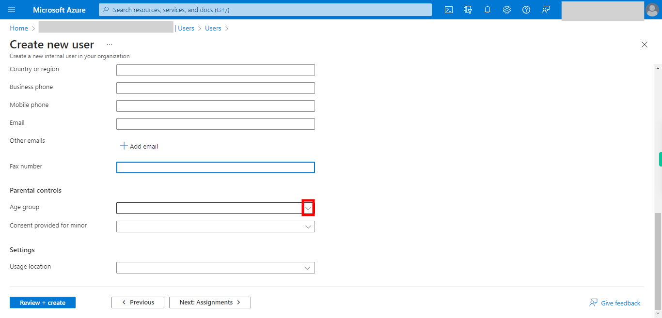 Create new user - Microsoft Azure