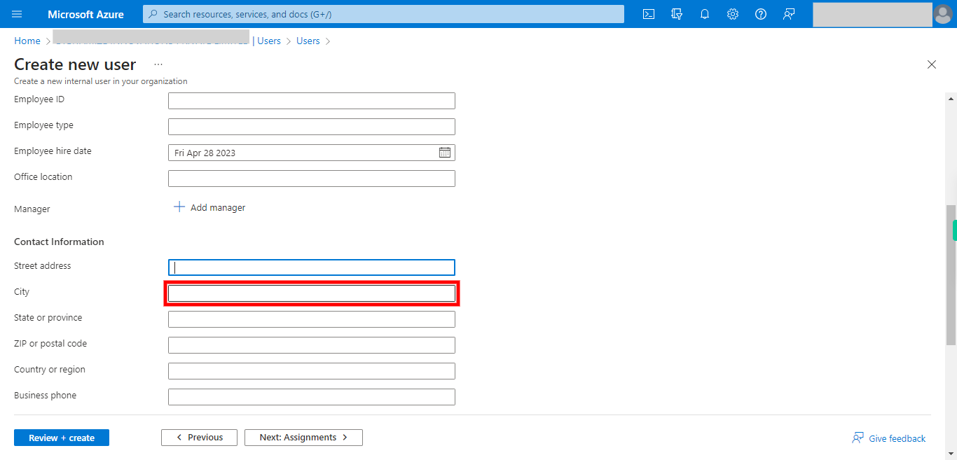 Create new user - Microsoft Azure