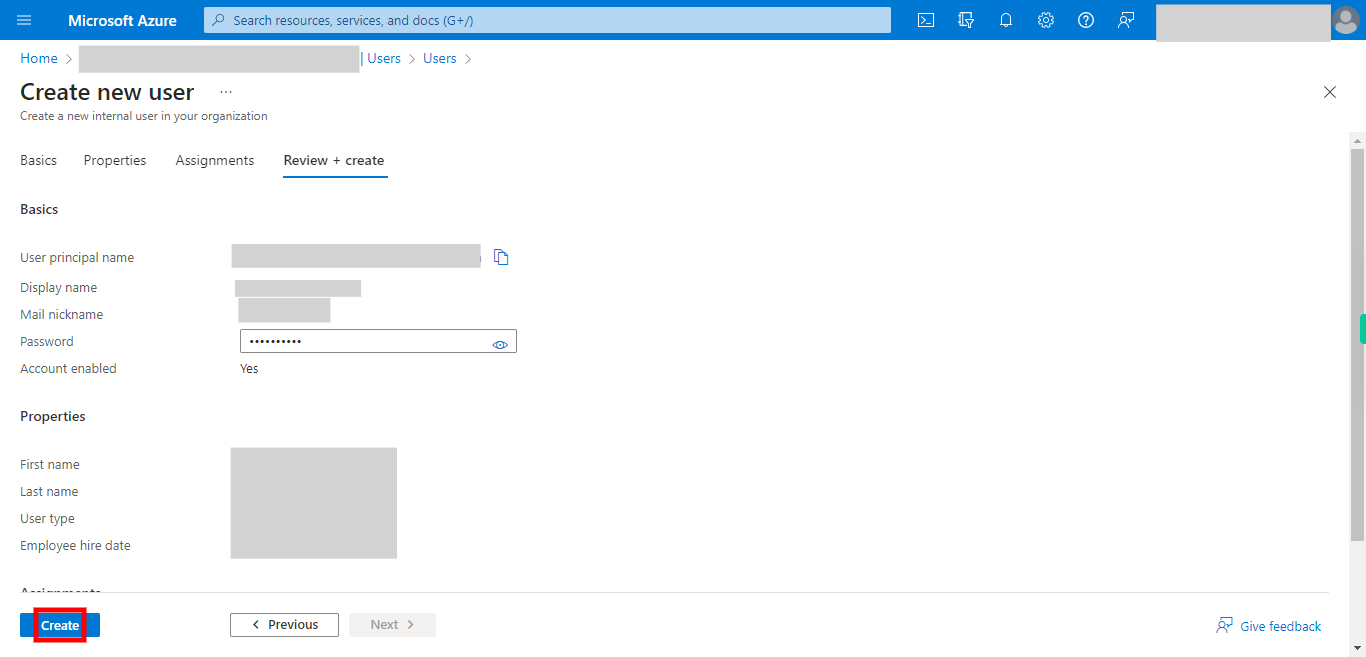 Create new user - Microsoft Azure