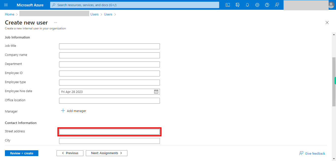 Create new user - Microsoft Azure