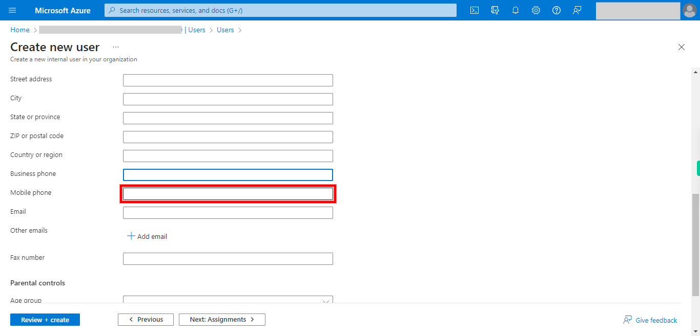 Create new user - Microsoft Azure