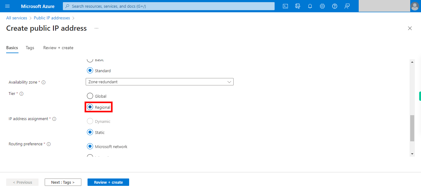 Create public IP address - Microsoft Azure