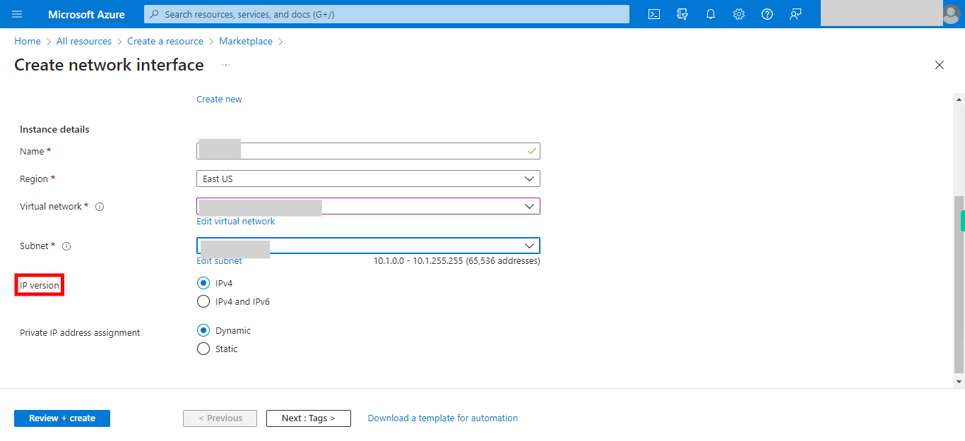 Create network interface - Microsoft Azure