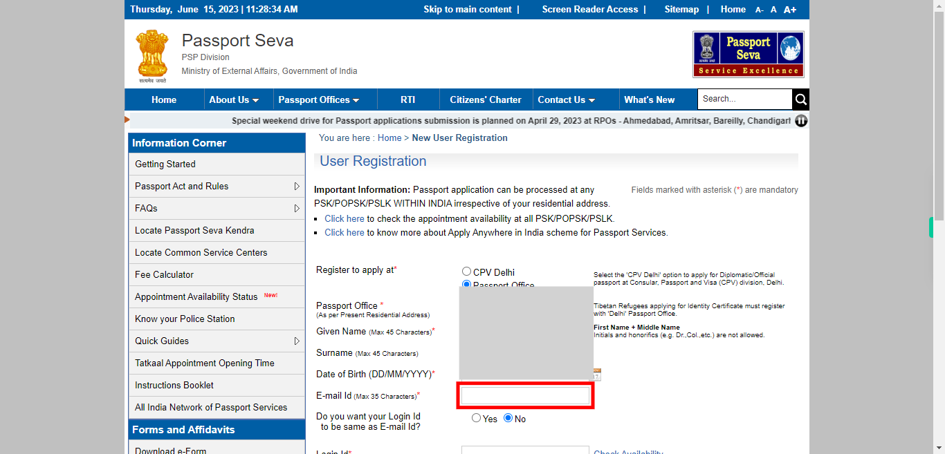 User Registration | Passport Seva