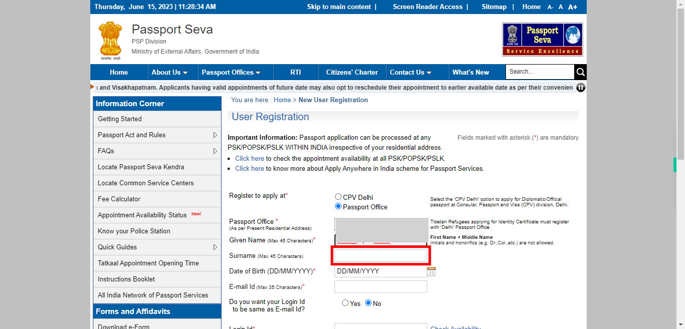 User Registration | Passport Seva