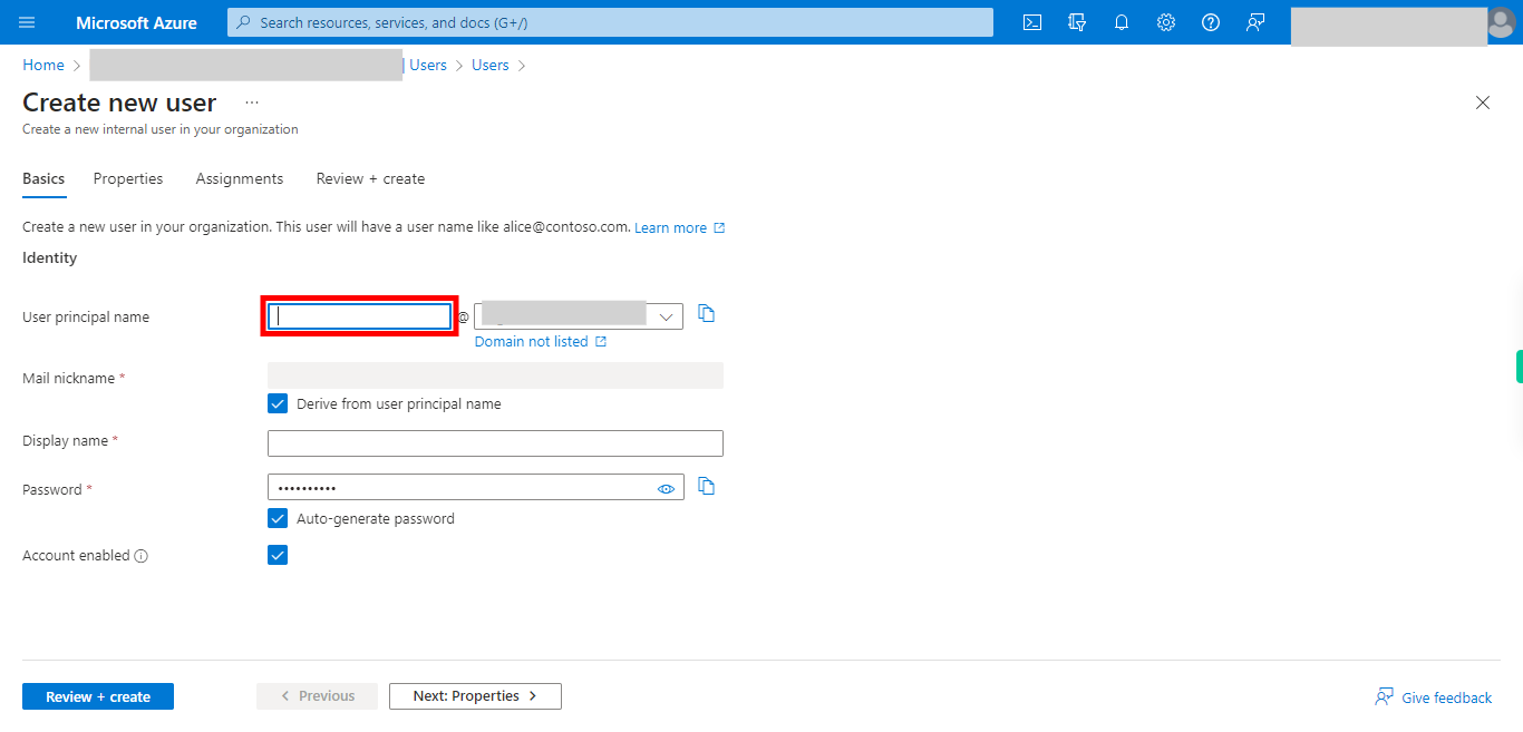 Create new user - Microsoft Azure