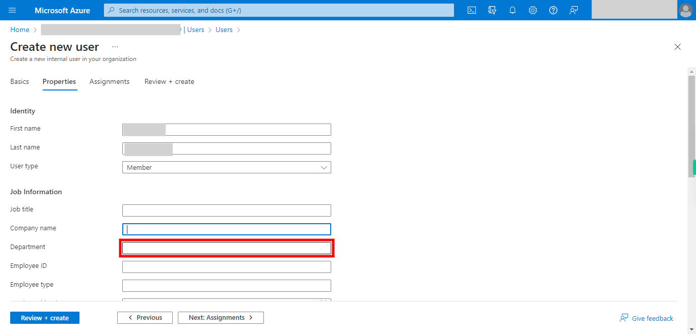 Create new user - Microsoft Azure