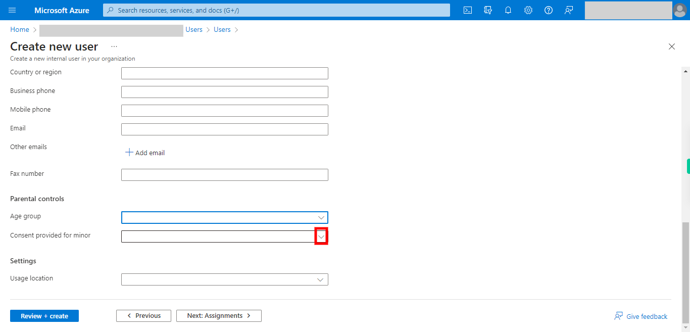 Create new user - Microsoft Azure