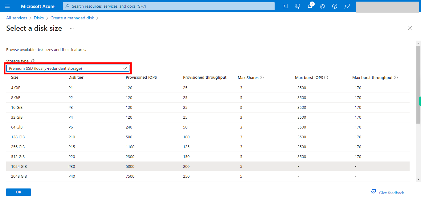 Select a disk size - Microsoft Azure