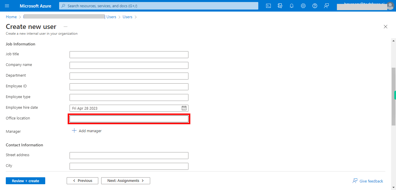 Create new user - Microsoft Azure