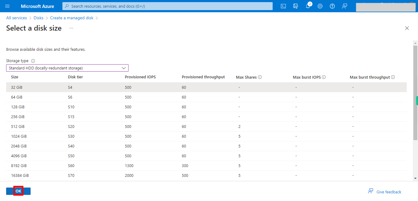 Select a disk size - Microsoft Azure