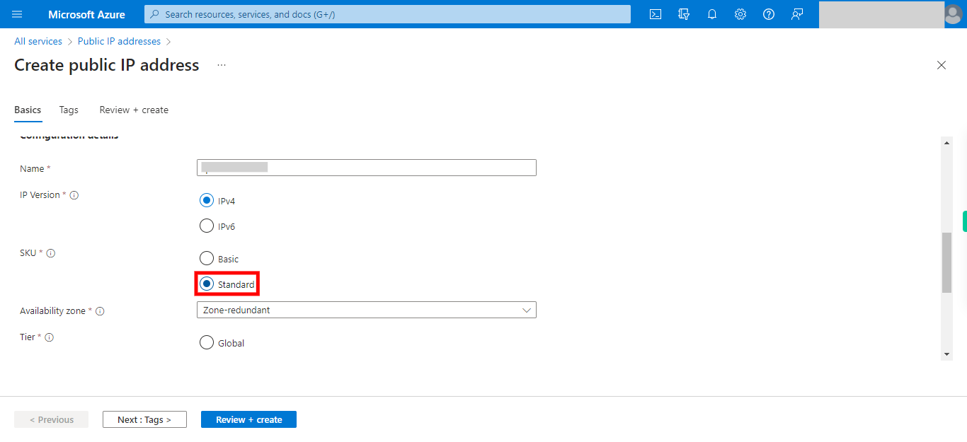 Create public IP address - Microsoft Azure