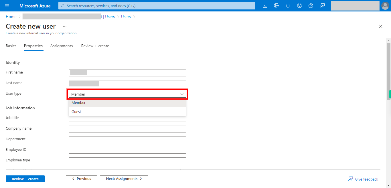 Create new user - Microsoft Azure